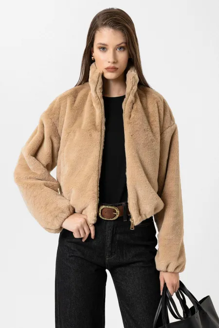 Manteau en fausse fourrure beige Antioch pour femme, avec taille élastique