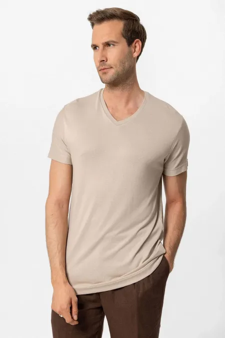 T-shirt homme Antioch beige clair basique à col en V