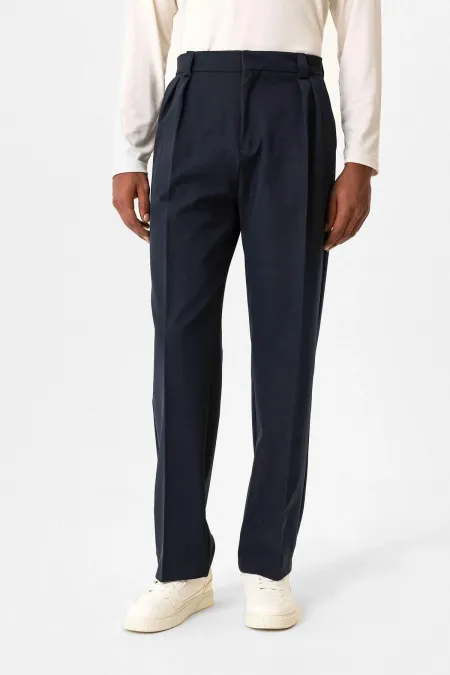 Antioch Navy Blue High Waist Pleated Relaxed Fit Baggy Men's Trousers