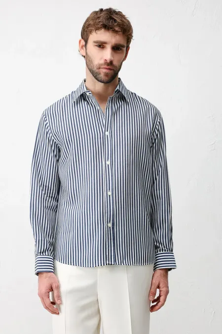 Chemise rayée Antioch bleu marine en mélange lyocell, coupe décontractée, pour homme