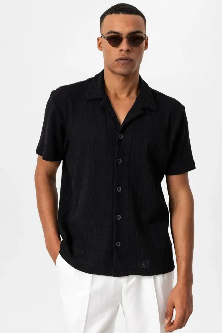 Antioch Black Apache Collar Knitted Pattern Men's Shirt