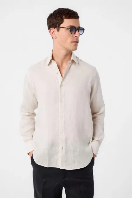 Antioch Bej 100% Keten Comfort Fit Erkek Gömlek