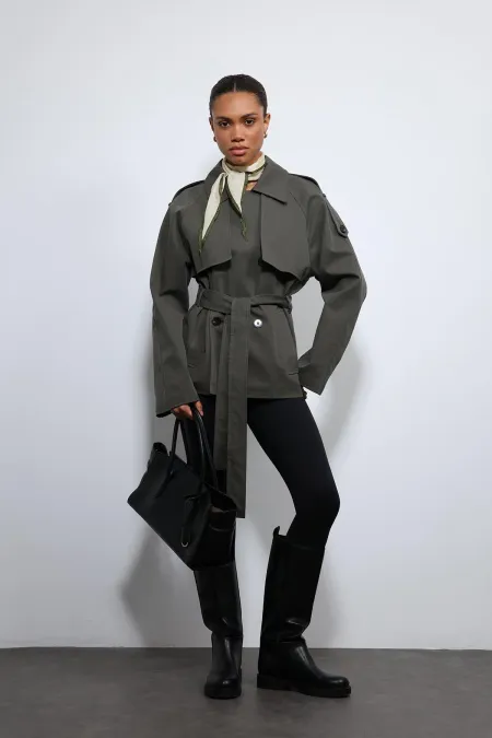 Antioch Haki Kemerli Kısa Trençkot