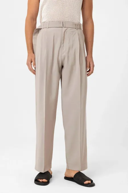 Antioch Beige Modal Fabric Relax Fit Belted Men's Trousers