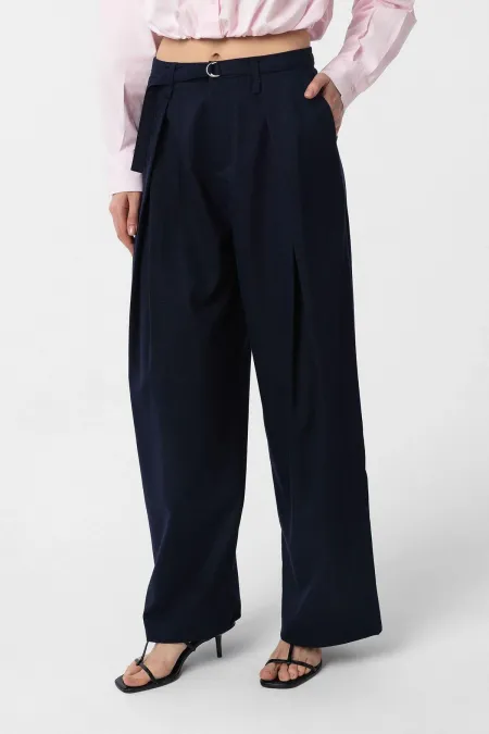 Antioch Lacivert Kemerli Pilili Kadın Pantolon