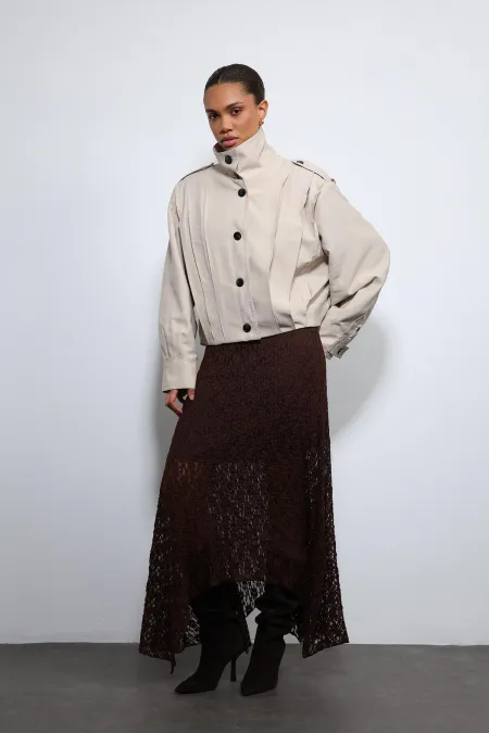 Antioch Beige Pleated Detail Stand Collar Coat