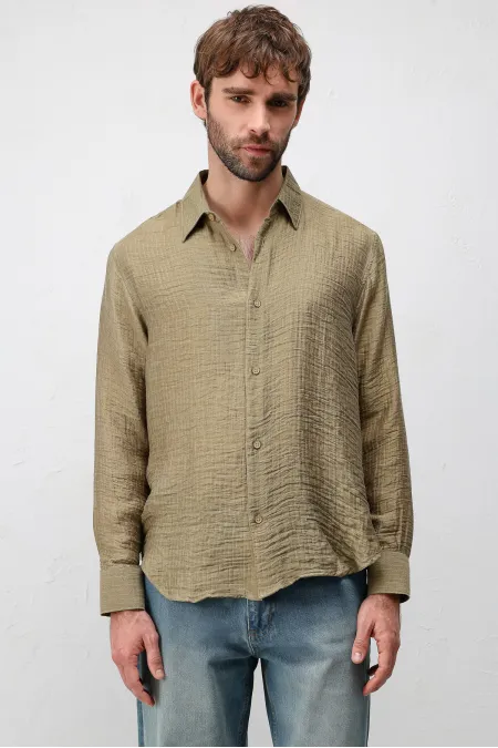 Antioch Haki Crinkled Relax Fit Erkek Gömlek