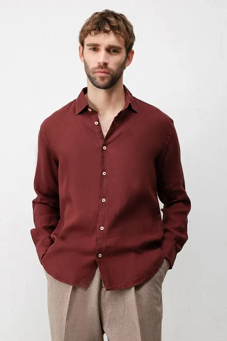 Antioch Bordo 100% Keten Relax Fit Erkek Gömlek