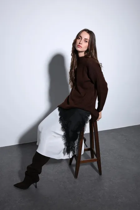 Antioch Kahve Yırtmaç Detaylı Kadın Kazak