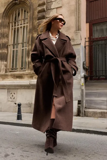 Antioch Kahve Oversize Kemerli Kaban