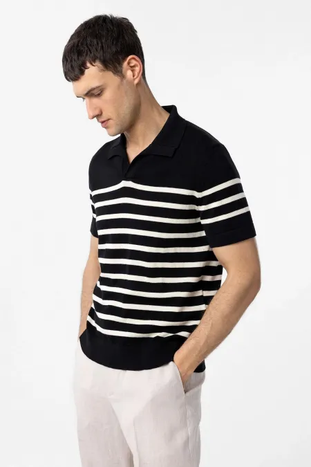 T-shirt en maille rayé à col polo Antioch noir/écru pour homme