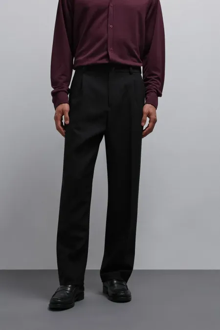 Antioch Black Relax Fit Baggy Pleated Men's Trousers