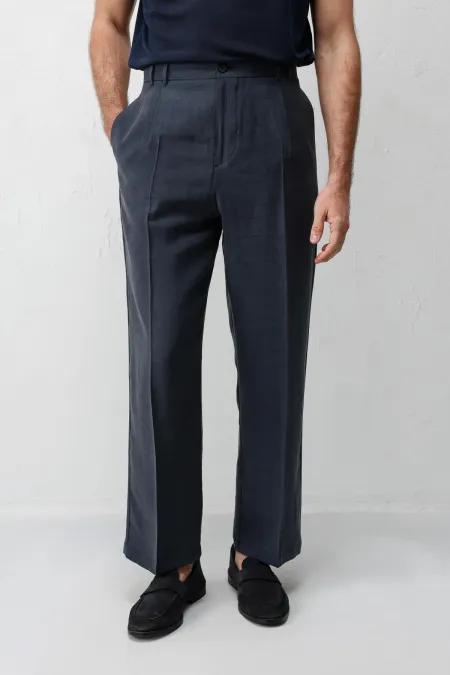 Antioch Navy Blue Lyocell Relaxed Fit Pleated Men's Trousers