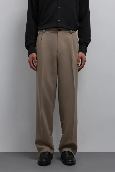 Antioch Beige Relax Fit Baggy Pleated Men's Trousers