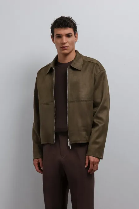 Veste homme Antioch kaki à fermeture éclair en faux daim