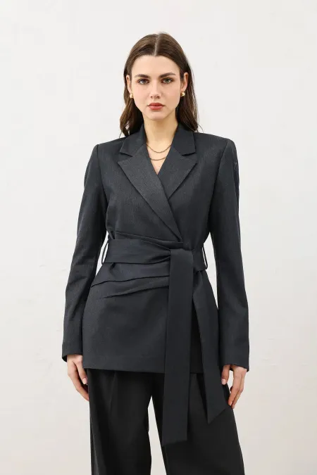 Antioch Füme Vücuda Oturan Kuşaklı Kadın Blazer Ceket