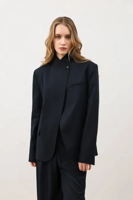 Antioch Lacivert Dik Yaka Kadın Blazer Ceket