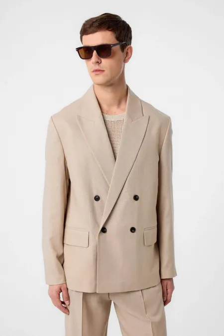 Antioch Bej Relax Fit Keten Karışımlı Erkek Blazer Ceket
