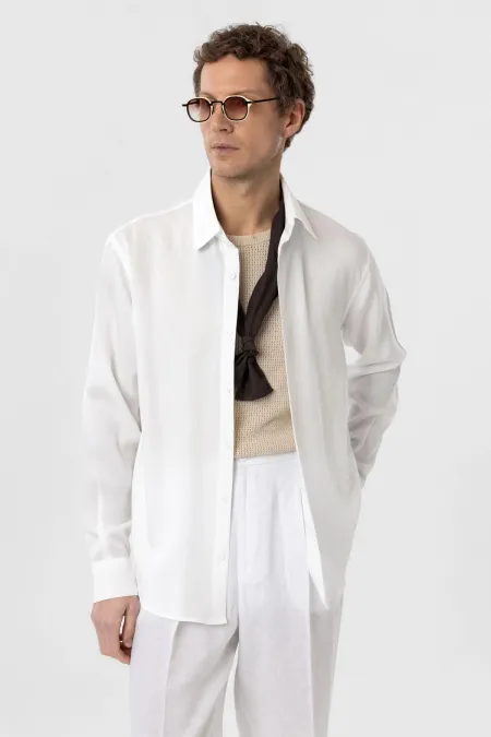 Antioch Beyaz Relax Fit Liyosel Kumaş Erkek Gömlek