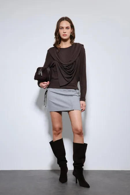 Antioch Kahve Drapeli Şal Detaylı Top