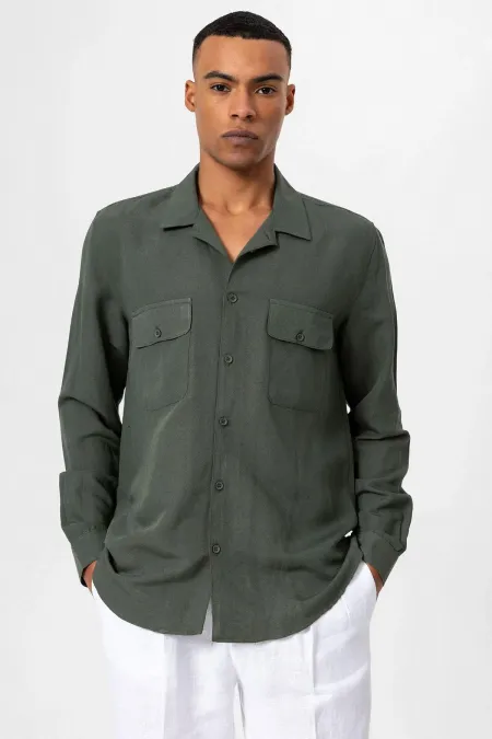 Antioch Khaki Apache Collar Linen Blend Long-Sleeved Men's Shirt