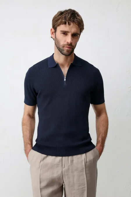 T-shirt en maille pour homme Antioch Navy Comfort Slim à fermeture éclair