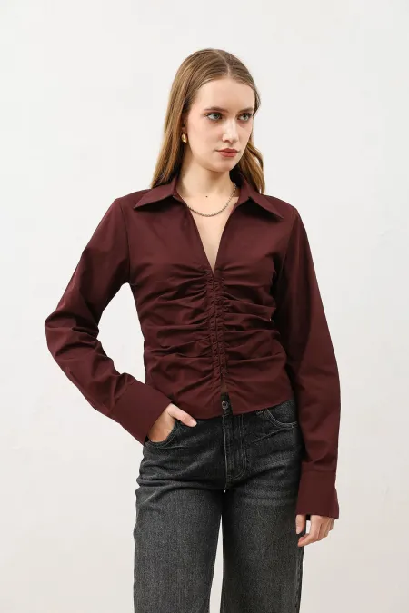 Chemise femme Antioch Burgundy en popeline froncée