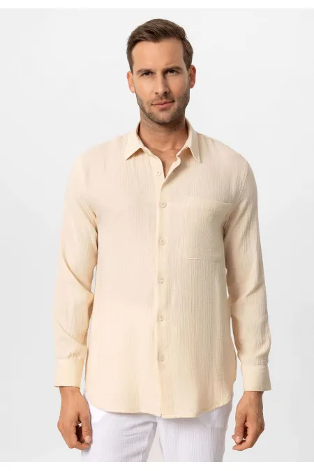 Antioch Beige Muslin Fabric Long-Sleeve Men's Shirt