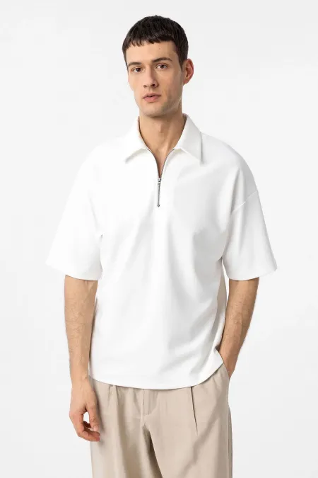 T-shirt polo zippé Antioch Ecru Relax Fit pour homme