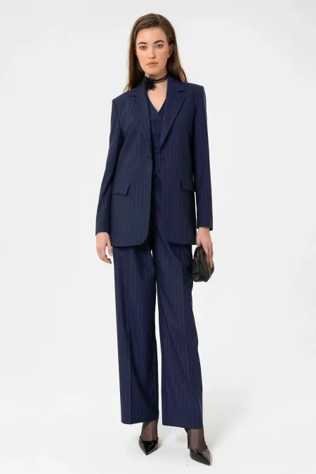 Antioch Lacivert Kadın Tek Düğme Çizgili Blazer Ceket