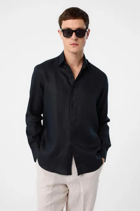 Antioch Siyah 100% Keten Comfort Fit Erkek Gömlek