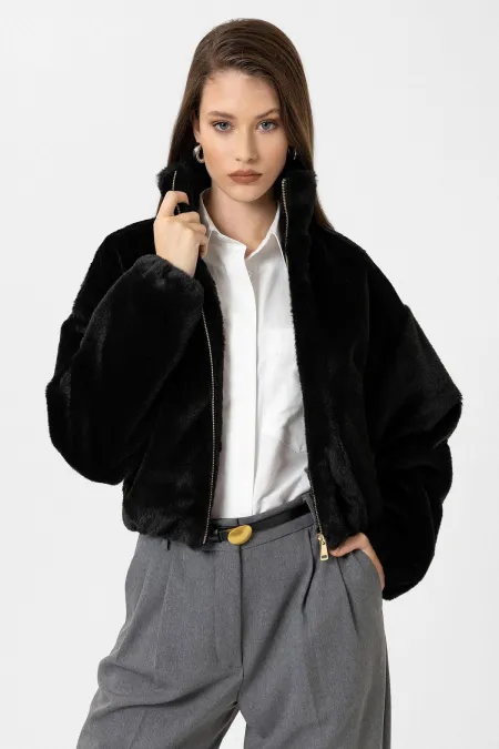 Manteau en fausse fourrure noire pour femme Antioch avec taille élastique