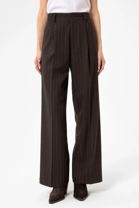 Antioch Kahve Kadın Yüksek Bel Pileli Çizgili Pantolon