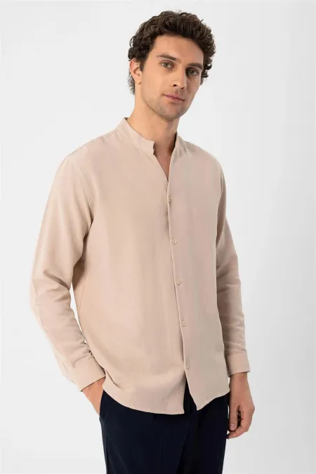 Antioch Beige Mandarin Collar Long-Sleeved Men's Shirt