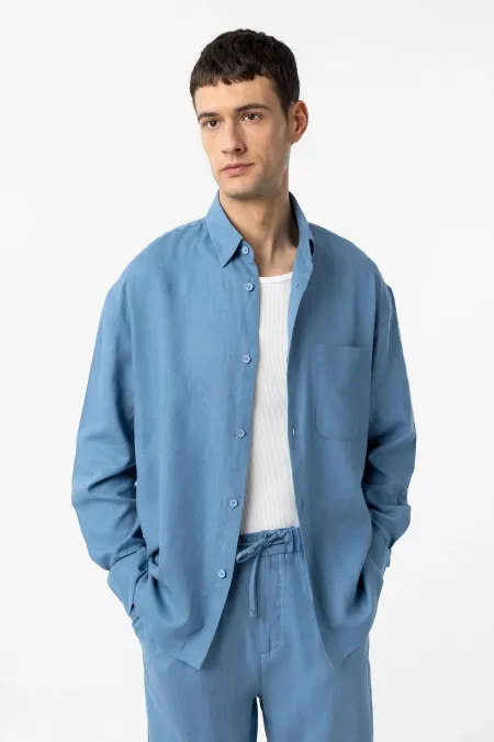 Chemise homme Antioch Bebe bleue en lin mélangé, coupe décontractée