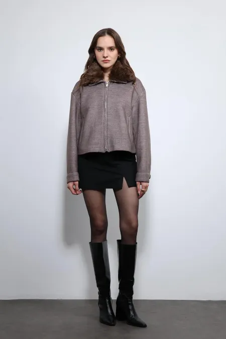 Veste Antioch Light Mink en laine mélangée à col en fausse fourrure