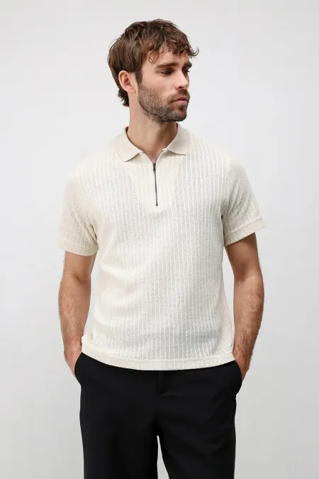 T-shirt polo homme Antioch blanc cassé en maille texturée