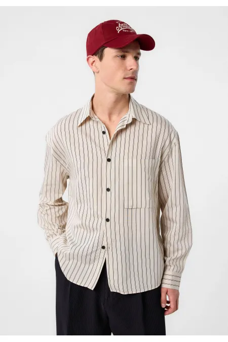 Antioch Bej Relax Fit Çizgili Erkek Gömlek