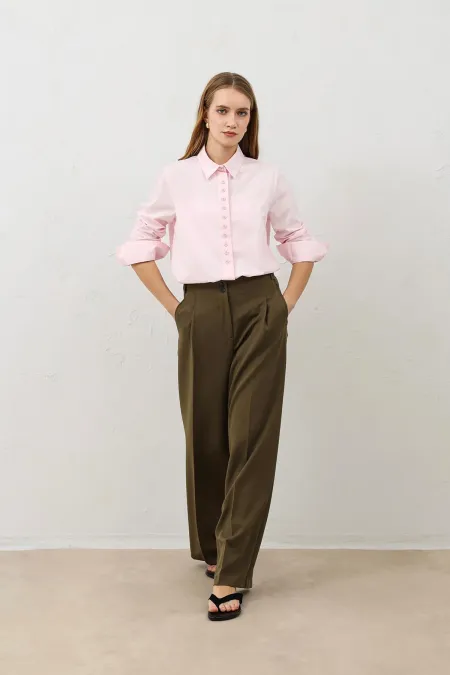 Antioch Khaki Women's Wide Leg Trousers with Pens Detail