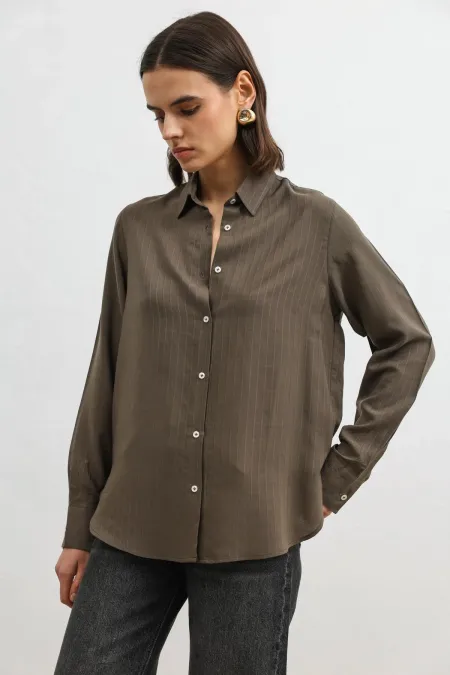 Antioch Khaki 100% Lyocell Striped Women's Shirt