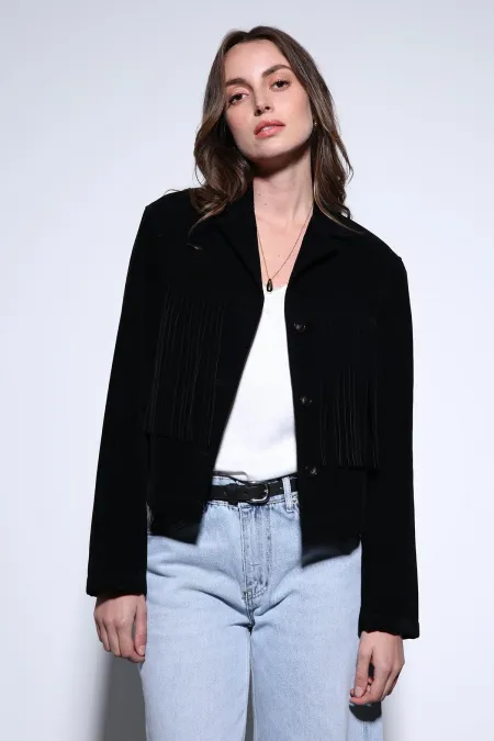 Veste Antioch en daim noir pour femme avec détails à pompons