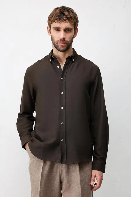 Antioch Dark Brown Linen Blend Relaxed Fit Men's Shirt