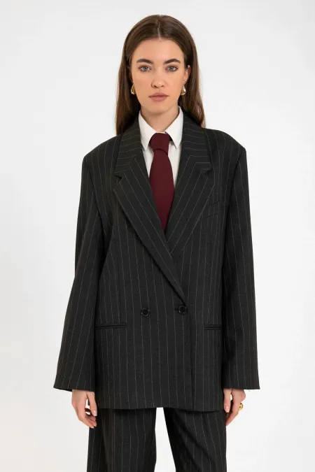 Antioch Black Women's Striped Oversize Blazer Jacket