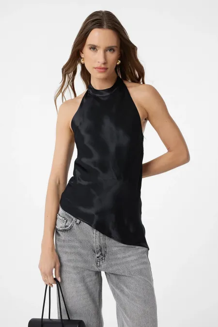 Antioch Black Asymmetrical Satin Backless Women's Top