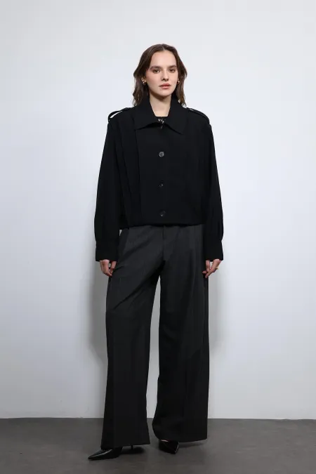 Antioch Black Pleated Detail Stand Collar Coat