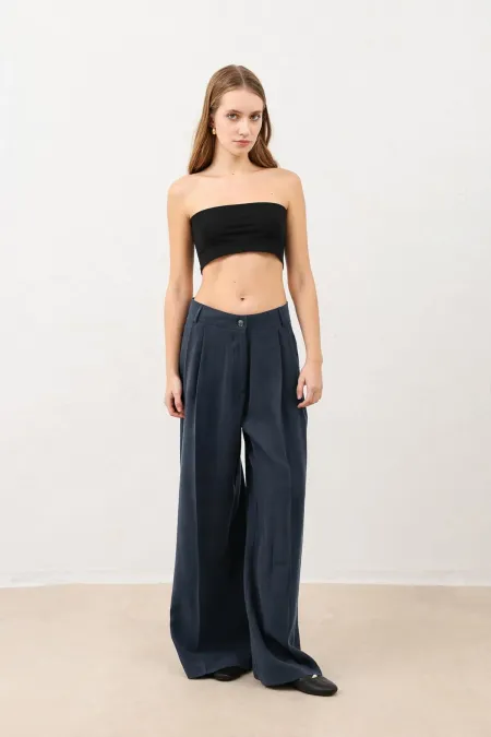 Pantalon palazzo plissé bleu marine Antioch pour femme