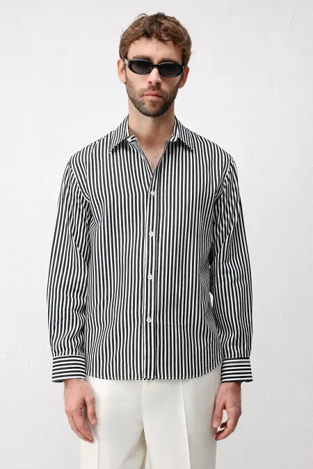 Antioch Black Lyocell Blend Relax Fit Striped Men's Shirt
