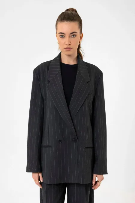 Antioch Navy Blue Women's Striped Oversize Blazer Jacket