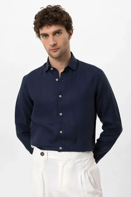 Antioch Navy Blue Collar Button Detail 100% Linen Men's Shirt