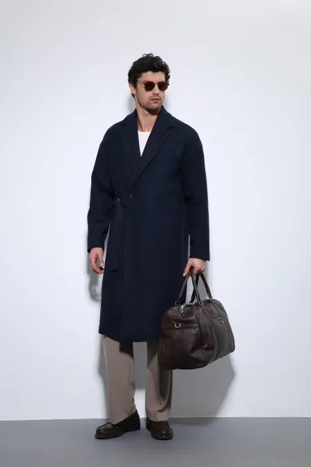 Antioch Lacivert Kuşaklı Oversize Erkek Kaban